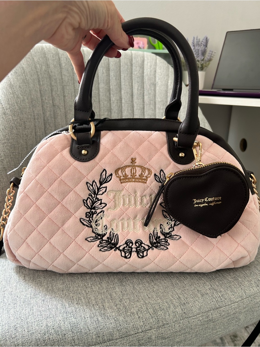 NWT Juicy Couture Pink Quilted Satchel with Black Trim & Heart Pouch - Picture 2 of 4